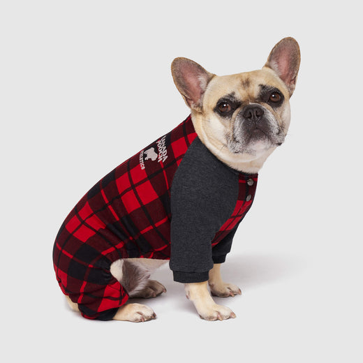 Frosty Fleece Dog Sweatsuit in Red Plaid, Canada Pooch Dog Sweatsuit